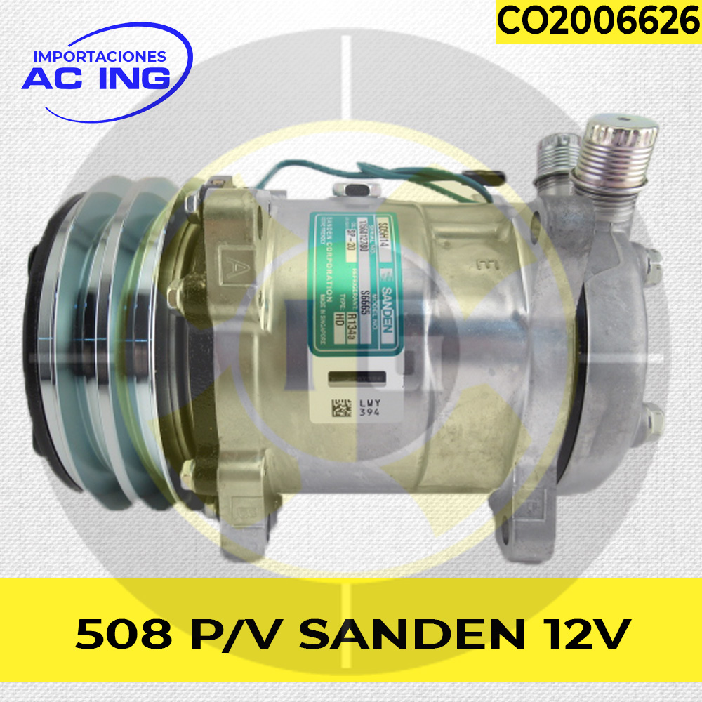 thumbnail image 2 of Aftermarket Sanden 508 AC Compressor - V-Belt, 2 Groove Pulley, 4.75” Clutch, Chrome/Black, 12V (1-Year Warranty) 2 of 3